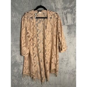 Espresso Womens Beige Floral‎ Lace Open Front Cardigan Fringe Trim 
Plus size 2X